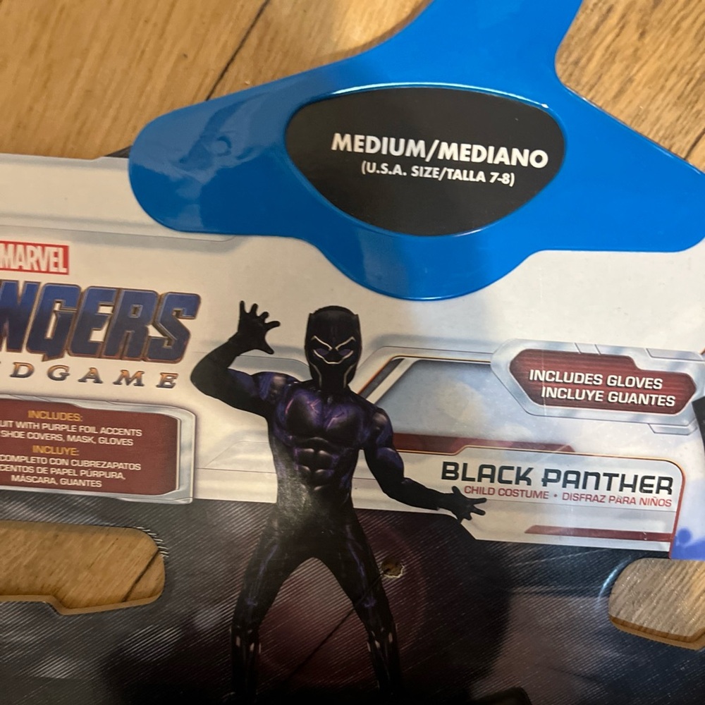 Black Panther costume by Marvel. Barely used Sz. 7-8. With a mask.